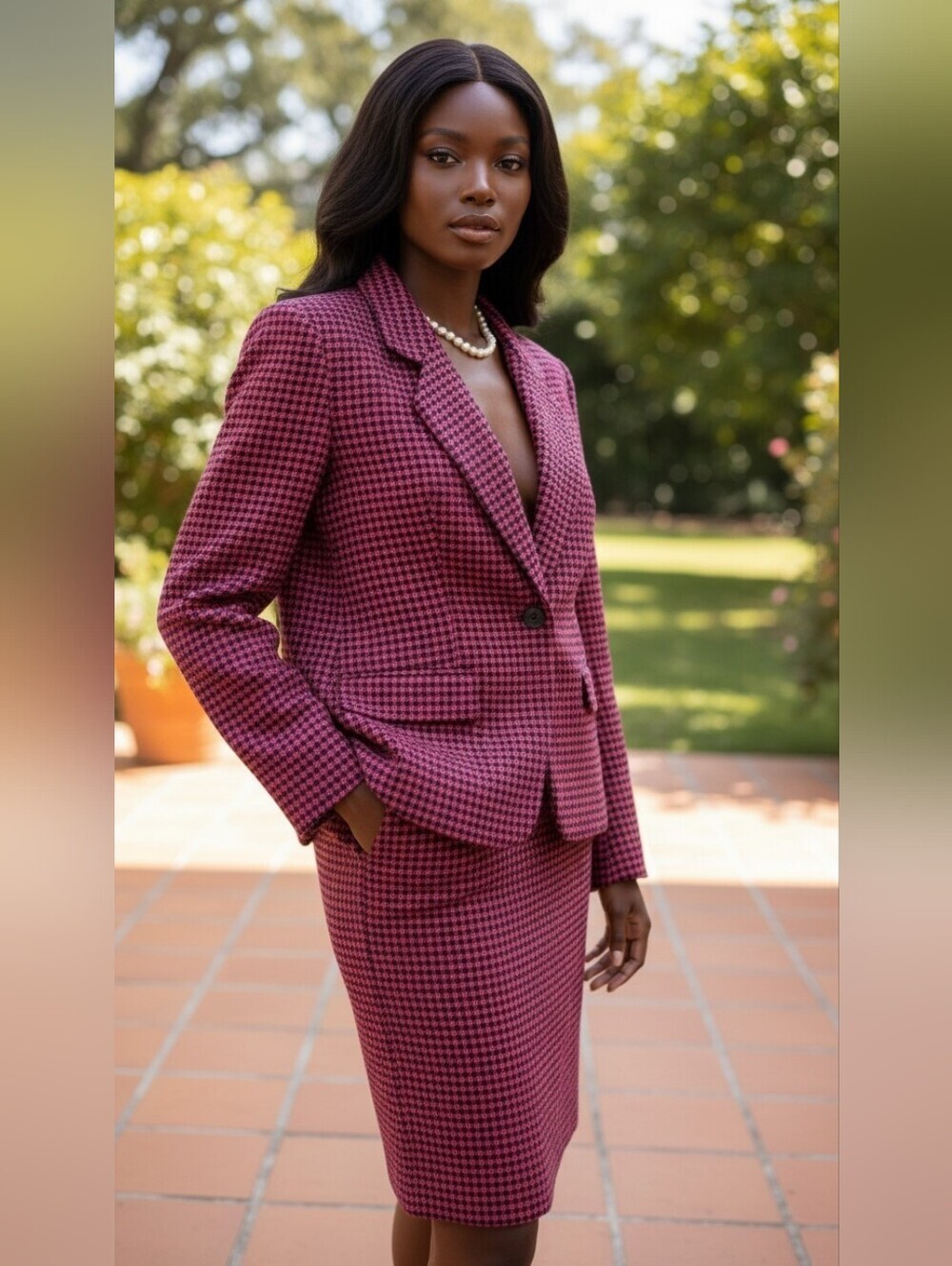 Vintage Pendleton Petite 100% Virgin Wool Pink Black Houndstooth Suit Set Sz 12